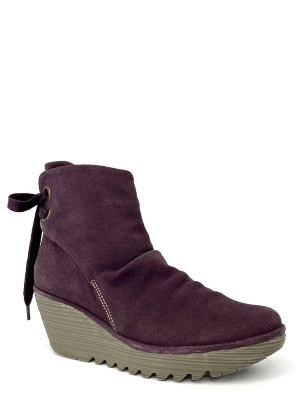 Fly London Yama Ruched Ankle Boots Wedge Heel Purple Suede Euro Size 39 = US 8